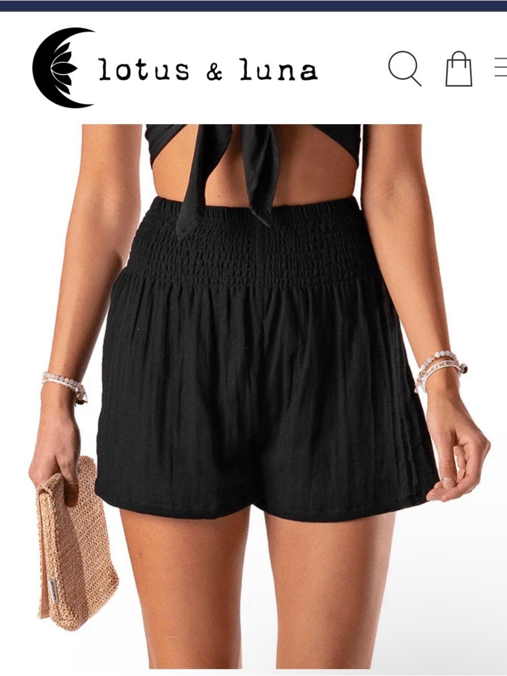 Lotus & Luna High-Waist Acid Wash Black Smocked-Waist Shorts